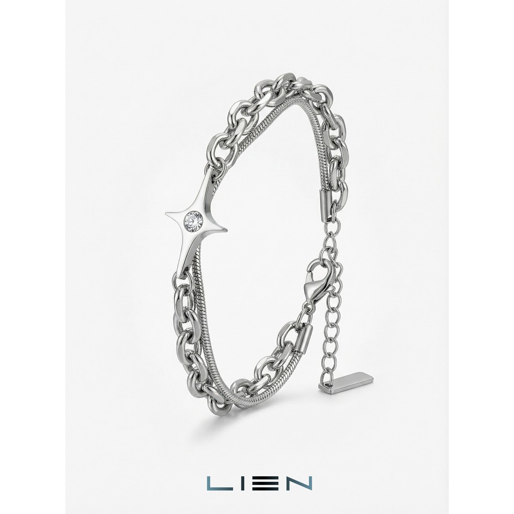 LIEN สร้อยข้อมือชาร์มดาวเงิน Unisex| สร้อยข้อมือโซ่ชั้นไม่ขัดสีเหล็กไทเทเนียม|เรือ 24 ชม.