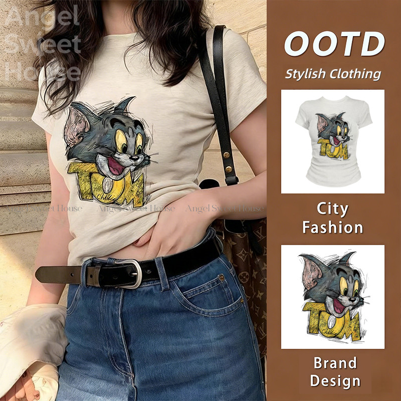 COD ผ้าฝ้ายแท้, คอยู, แขนสั้นระบายอากาศ, น่ารัก เสื้อยืดผู้หญิงแขนสั้น INS สไตล์ผู้หญิงที่สวยงามเสื้อยืดสีขาวผู้หญิง A