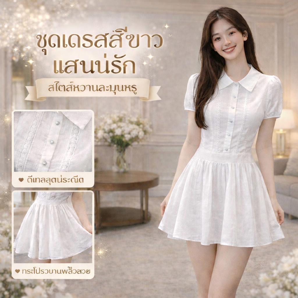 ชุดเดรสแขนสั้นสีขาวฤดูร้อนใหม่ แฟชั่นหวานเผ็ด ชุดสองชิ้นกระโปรงสั้นเอวแคบ สไตล์ปาร์ตี้น่ารักสำหรับผู้หญิง