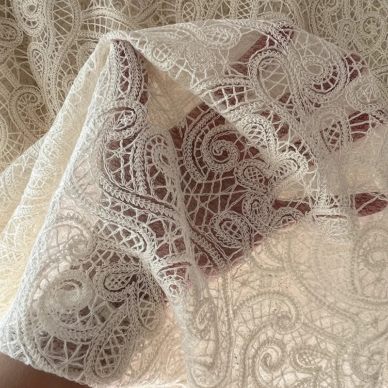 Floral Mesh, Cotton Thread Embroidery, Lace Mesh Wedding Dress Fabric Embroidered Full Fabric 130cm 