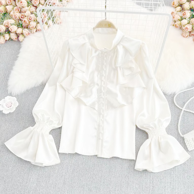 Palace สไตล์ Retro อารมณ์ทรัมเป็ตแขน Stand-Up Collar Acetate ซาตินเสื้อภาษาฝรั่งเศสคําออกแบบสไตล์ตะว