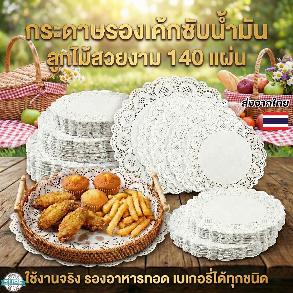 กระดาษรองเค้กดอลลี่ลูกไม้ ทรงกลม ขนาด 4.5–6.5 นิ้ว 140 แผ่น/แพ็ค สำหรับขนม เบเกอรี่ อาหาร ซับน้ำมัน จัดจานสวย