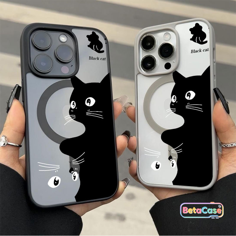 เคสแม่เหล็กรูปแมวขาวดำน่ารัก iPhone 17 16 15 14 13 12 11 Pro Max เคส ฝาหลัง ไร้สาย