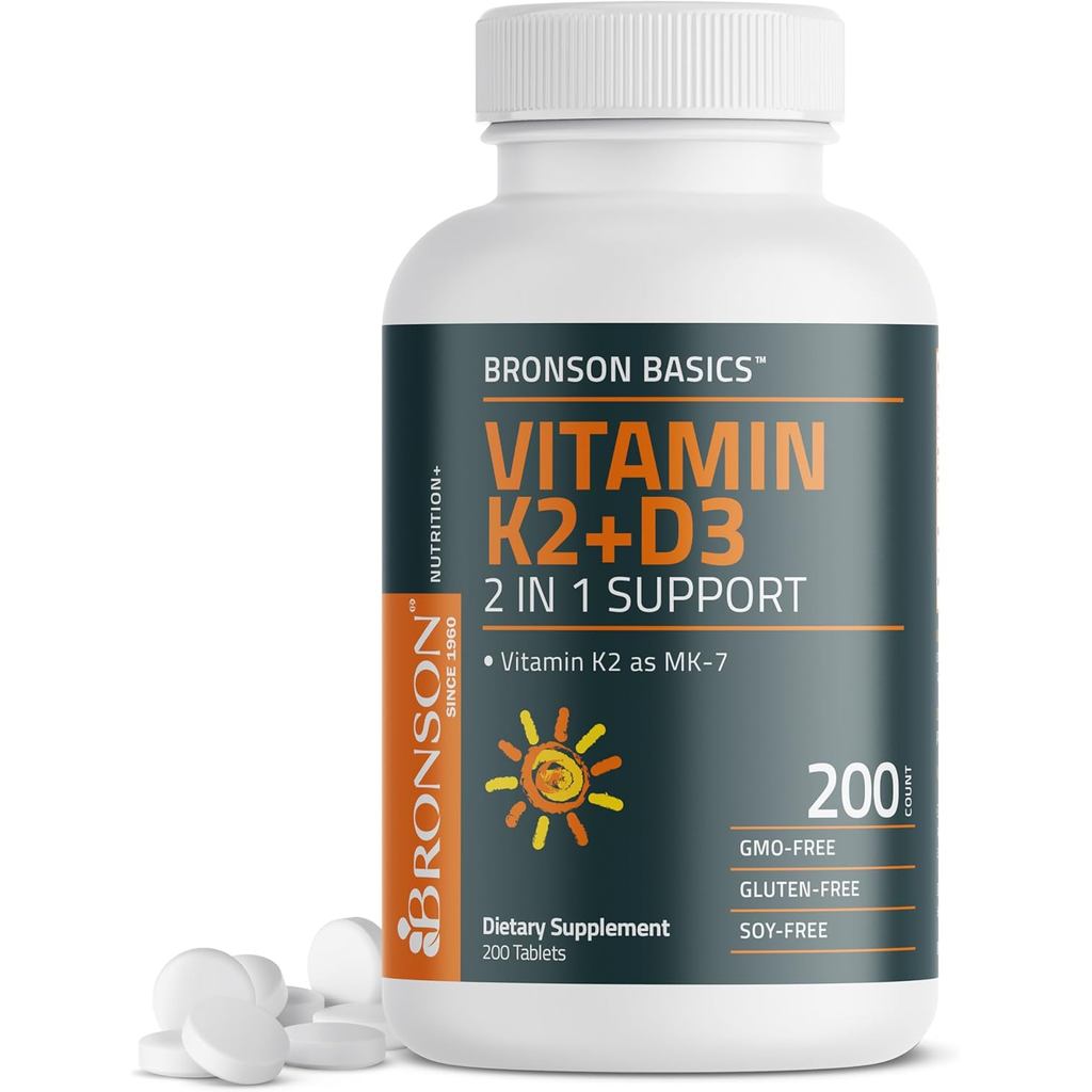 Bronson Vitamin K2 D3 (MK7) ขยายสูตร Non-GMO วิตามิน D3 5000IU (125 mcg) & 90 mcg K2 MK-7, Swallow D