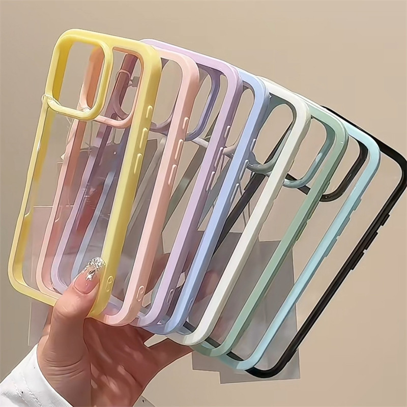 เคสสำหรับไอโฟน17 11 เคสอะคริลิกสีเดียว ขอบสีพาสเทลใส สำหรับ IPhone 17 16 11 13 15 14 12 Pro Max 16 Plus 16 15 Pro Case