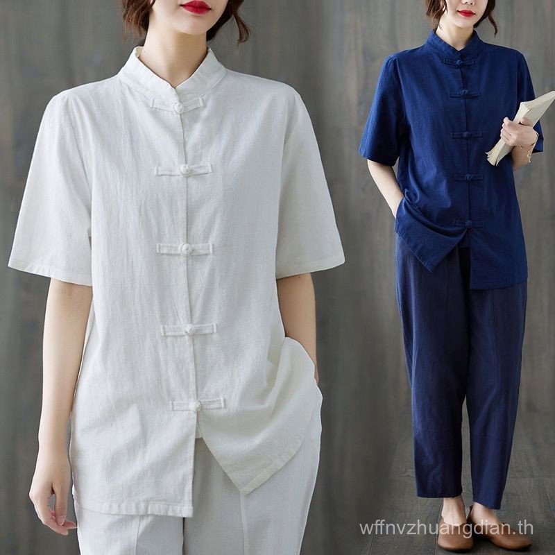 T4CK ชุดสุภาพสตรี Retro Style แบบจีนย้อนยุค คอขึ้นทรงหลวมแขนสั้น