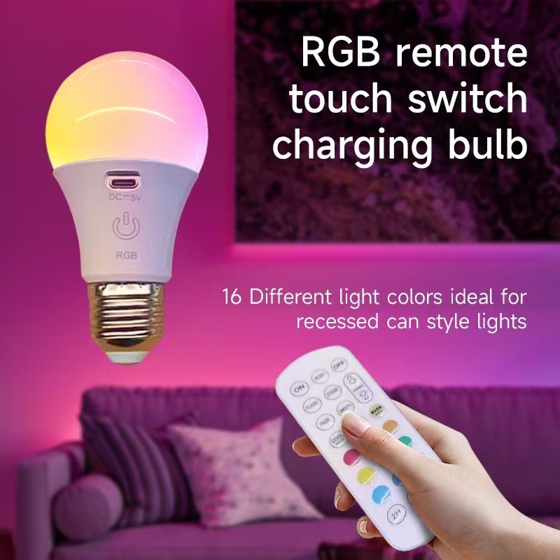 RGB Bulb Lamp Remote Control Touch Switch Rechargeable Bulb E27Screw Mount Super Bright Wall Light S
