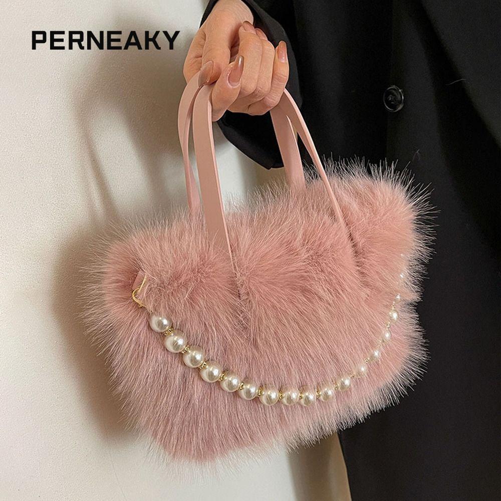 Perneaky กระเป๋าสะพาย Messenger, กระเป๋าถือขนเทียมขนยาวขนยาว, กระเป๋าโซ่มุกอินเทรนด์ความจุขนาดใหญ่สําหรับผู้หญิง