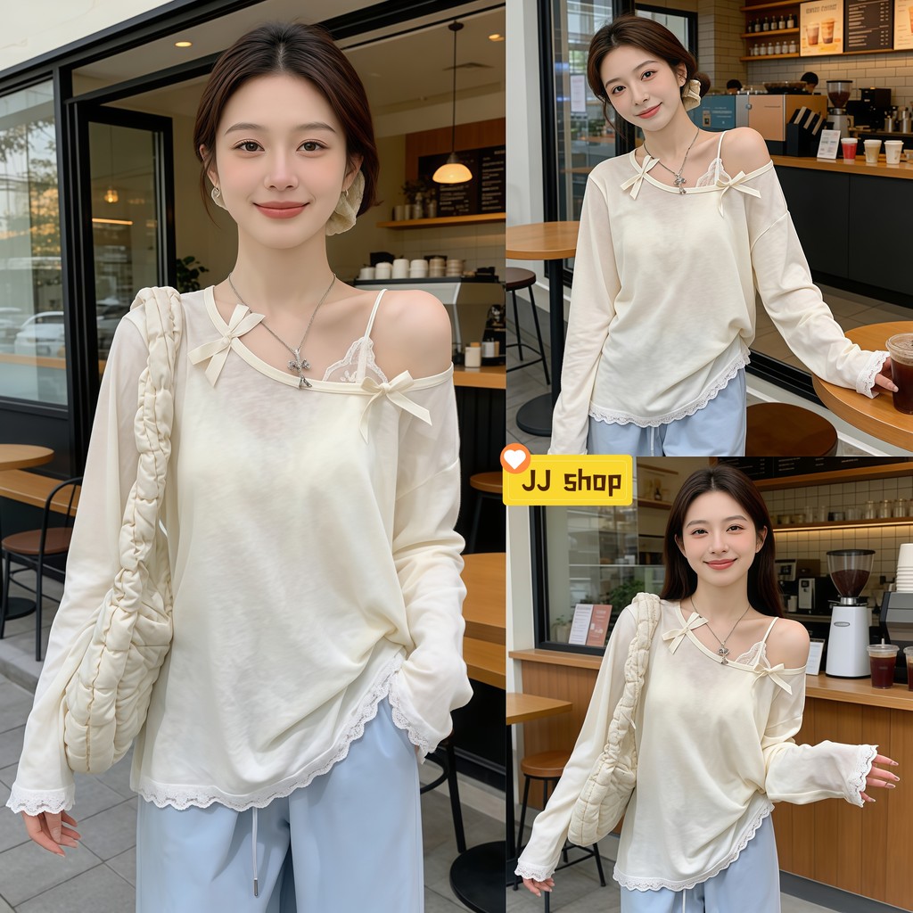 JJ Shop​💜พร้อมส่ง เสื้อแขนยาวผู้หญิงไหล่ปาดผูกโบด้านหน้า ผ้าบาง ใส่สบาย ดูผอม สไตล์ลำลอง-FY08