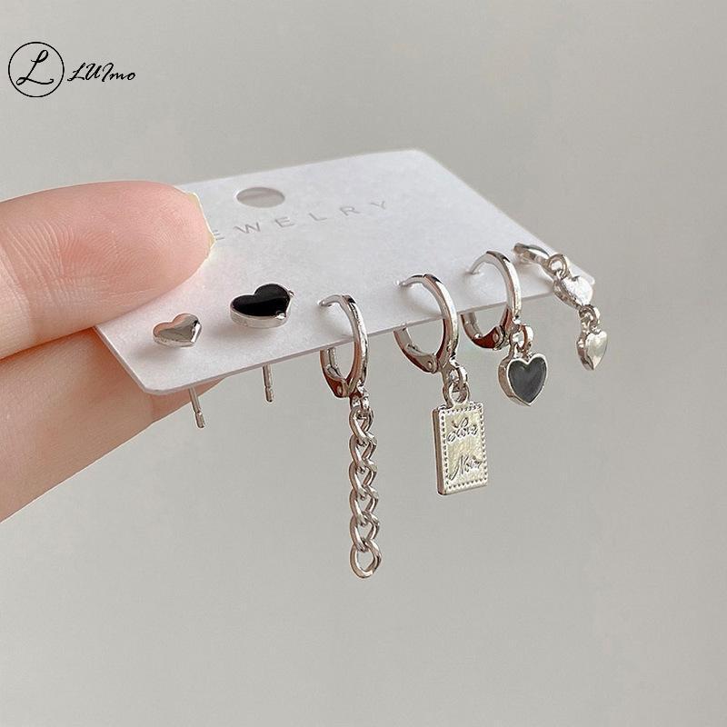 LUImo 6 ชิ้น Y2K Bla หัวใจต่างหูชุดสําหรับหญิงสาว Vintage Aesthetic Studs เครื่องประดับอินเทรนด์อุปก