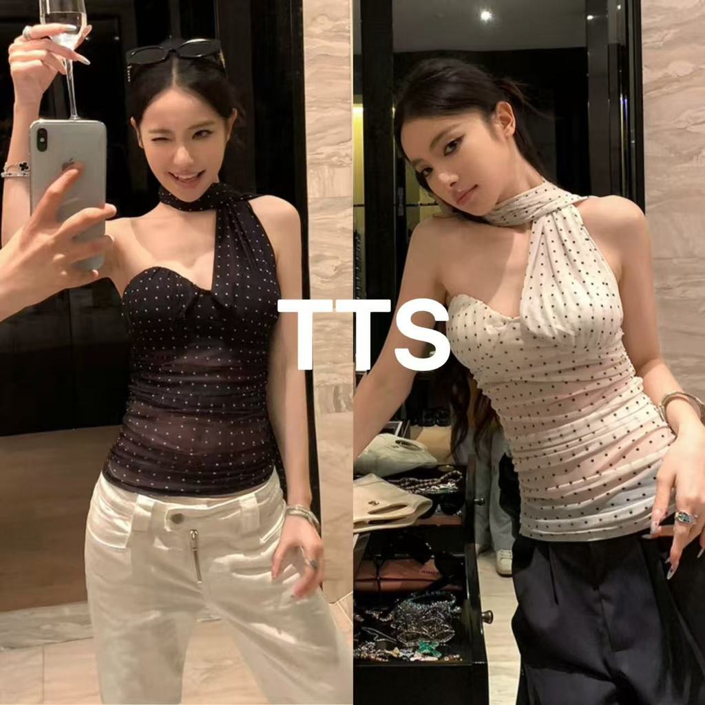 TTS🔥 เสื้อสายเดี่ยวผ้าตาข่ายผูกคอ มีแผ่นเสริมทรง ดีไซน์สำหรับผู้หญิง ทรงเข้ารูป สั้น