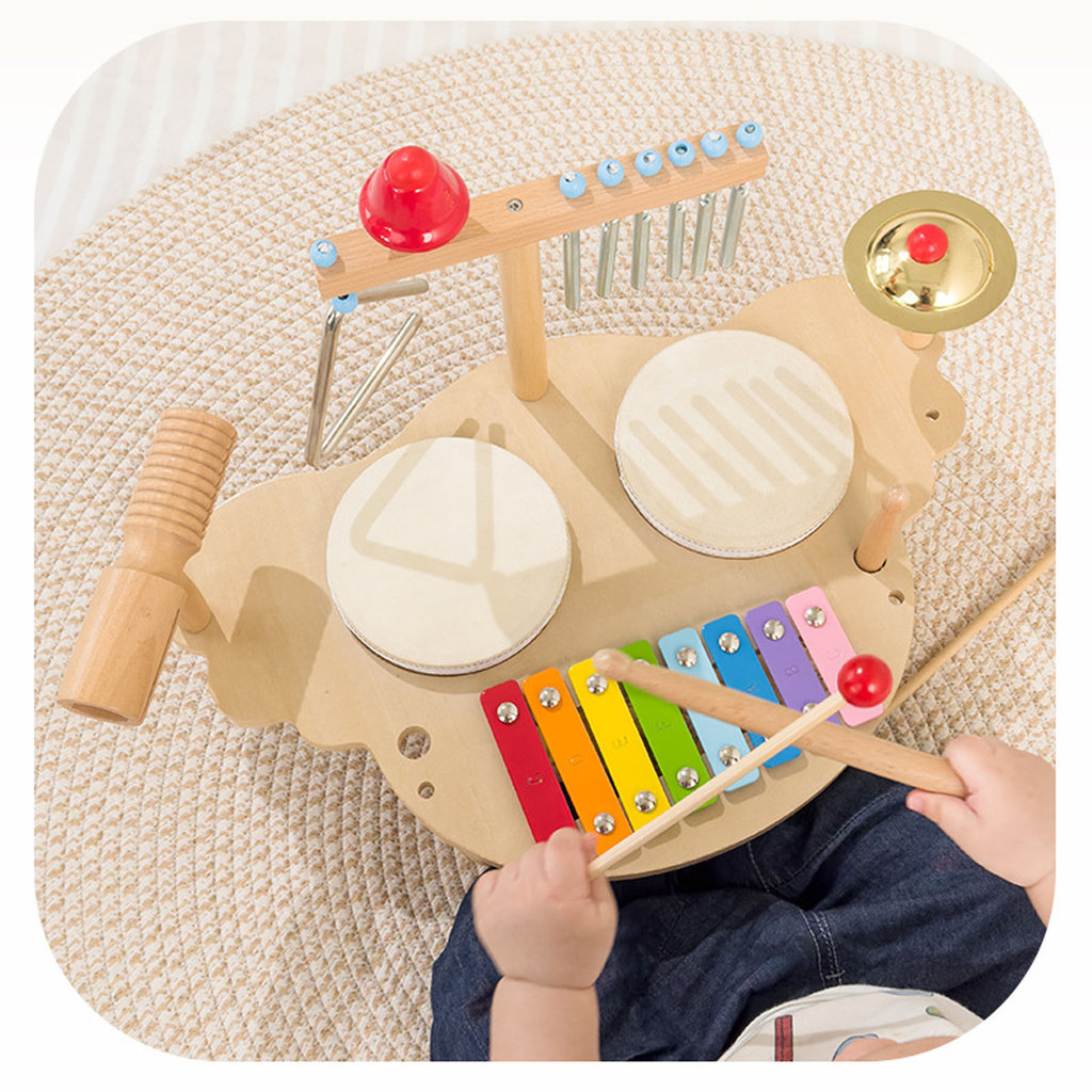 HEO ~ สถานีดนตรีสําหรับเด็กกลอง Glockenspiel Chime Bell สามเหลี่ยม Cymbal Multi Functional Baby Perc