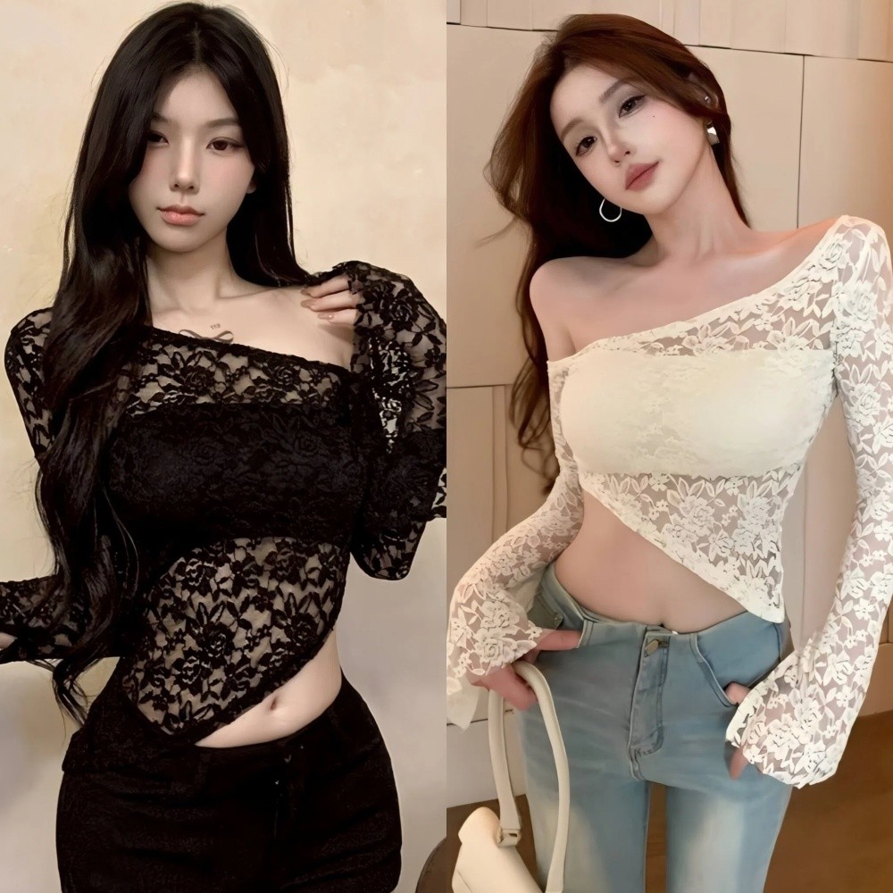 ⭐Soroh⭐เสื้อแขนยาว สีพื้น ดีเทลถักลายลูกไม้ เซ็กซี่ เข้ารูป เสื้อปาดไหล่ผู้หญิง สไตล์เกาหลี ใส่สบาย