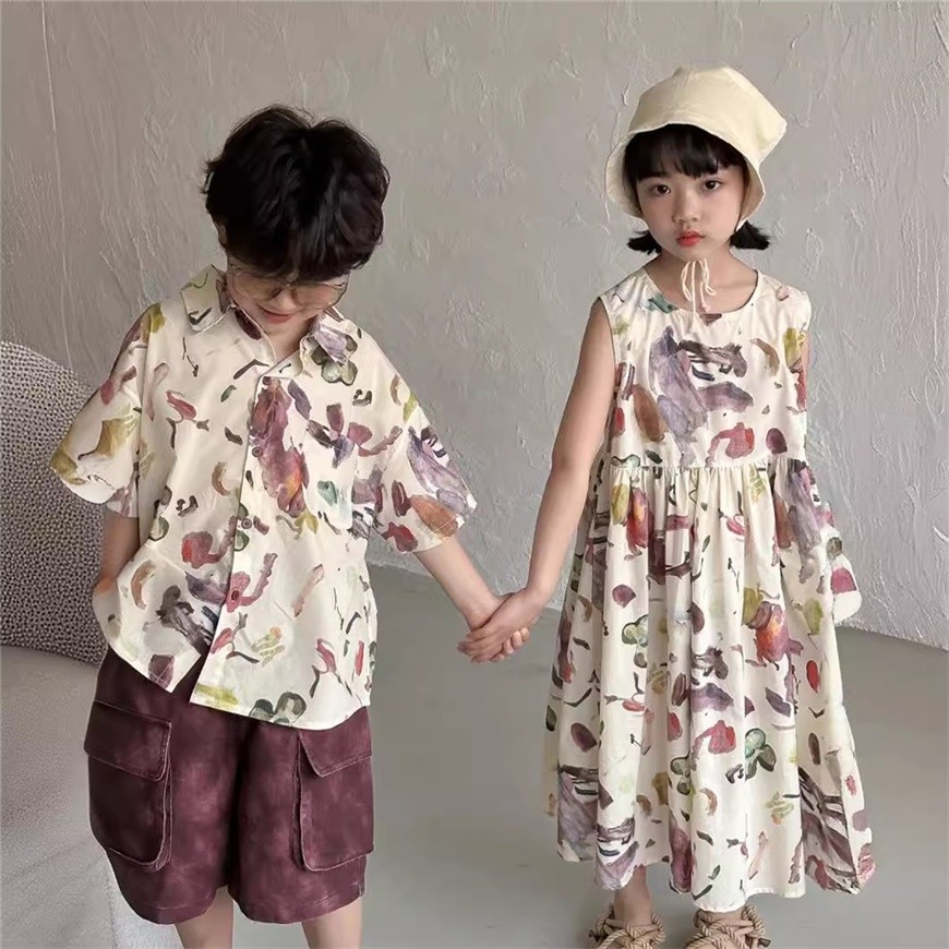COD Clothing 22215 Brother Sister Skirt Girl Casual Short-Sleeved Collar Style 2024 Summer 2025