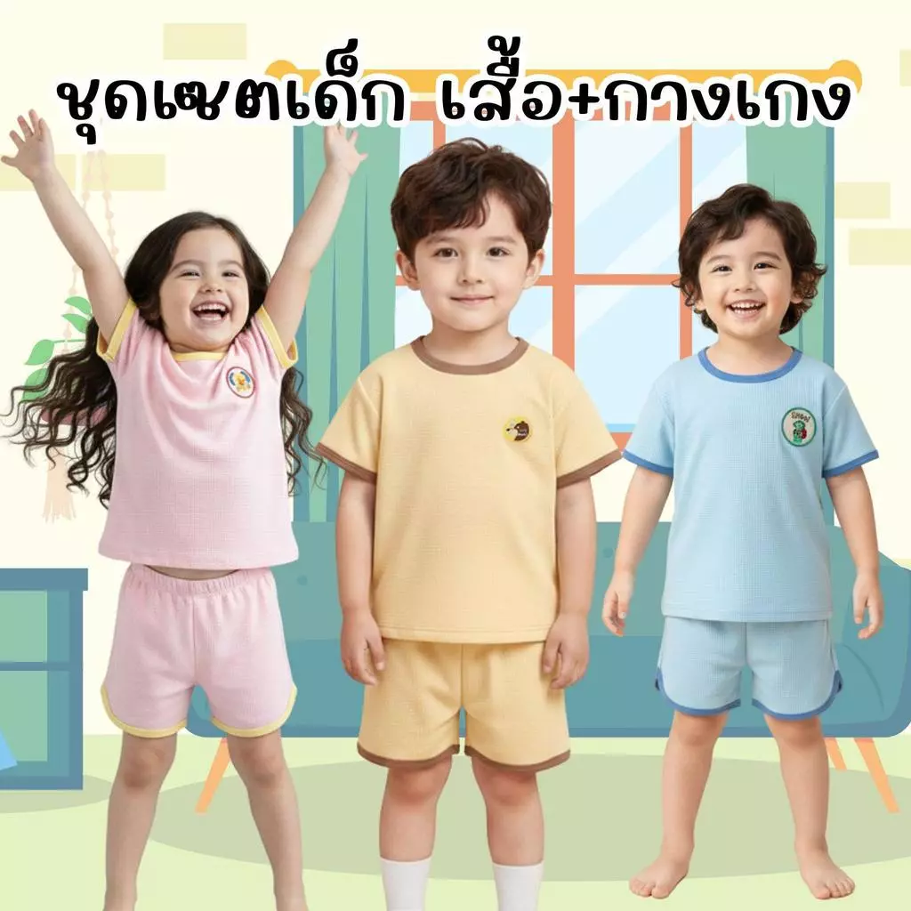 MooDeng Baby ชุดเซต เด็กชาย เด็กหญิง เสื้อ กางเกงขาสั้น ผ้าวาฟเฟิล ผ้าผสม คอกลม แขนสั้น เอวยางยืดชุดผ้าวาฟเฟิล