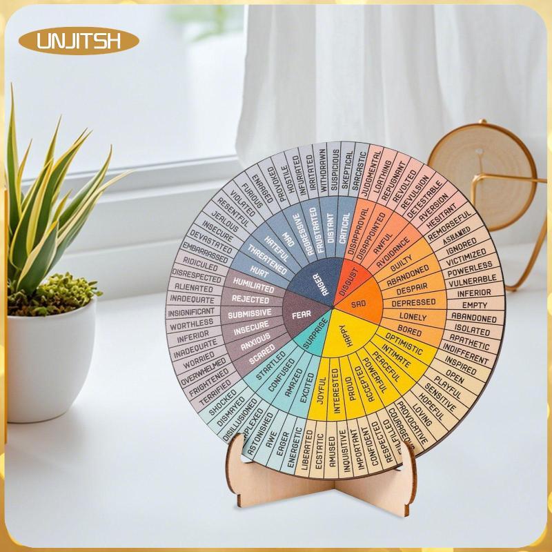 [unjitsh] Boxwood Feelings Wheel Double Sided Emotion Chart Desk Decor Mindfulness Tool พร้อมขาตั้งส