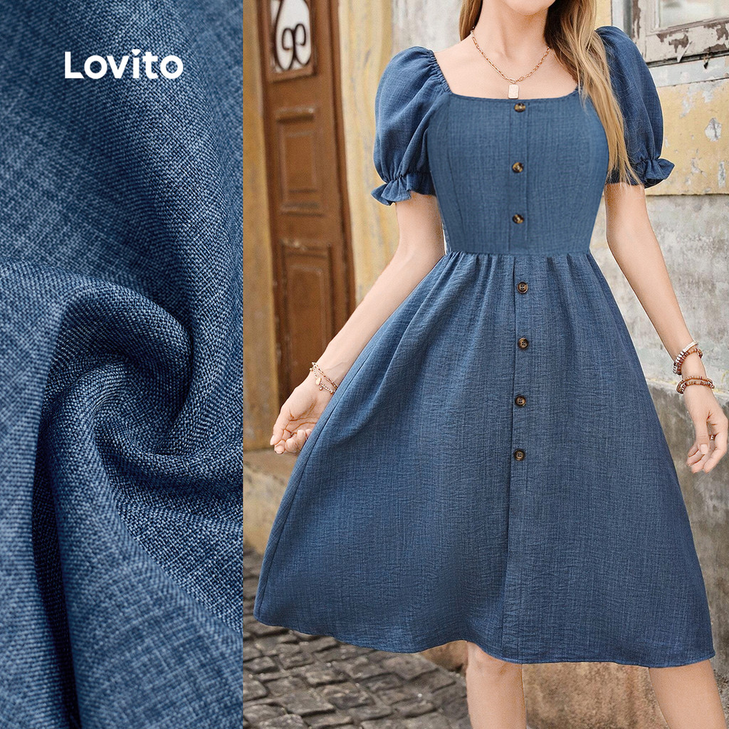Lovito  เดรสผู้หญิงสีฟ้า มีกระดุมหน้าและซิป เดรสฤดูใบไม้ผลิ/ฤดูร้อน LBL32304