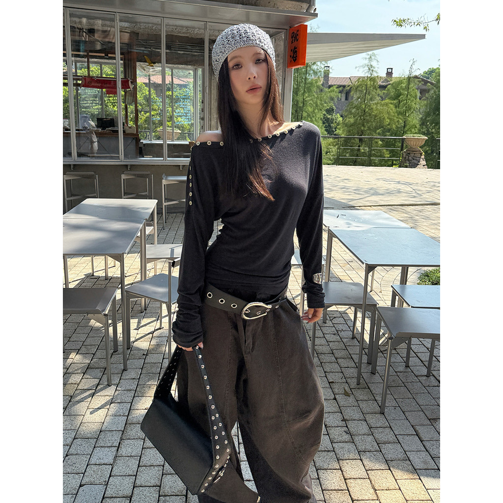 MMFISH Fashion Street Casual Posh Style Shell Button Flat Neck Temperament Long Sleeve เสื้อยืดยืดหย