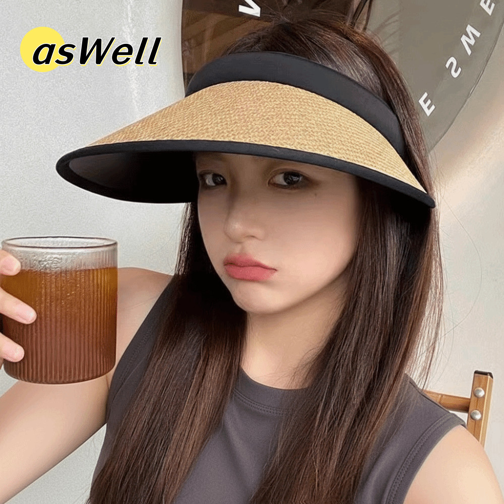 Aswell หมวกเที่ยวทะเล, หมวกฟางกันแดดป้องกันรังสียูวี, หมวกหางม้าชายคาขนาดใหญ่