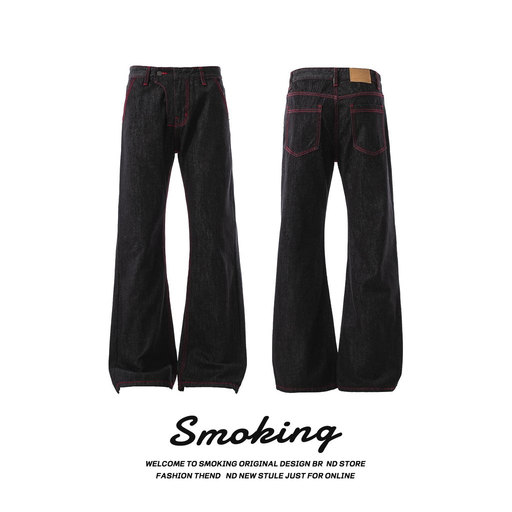 SMOKING Old Money สไตล์ขอบสีแดงสีดํา Original Cow Micro-Flap กางเกงยีนส์ผู้ชายผู้หญิงตรง Slim-fit กา