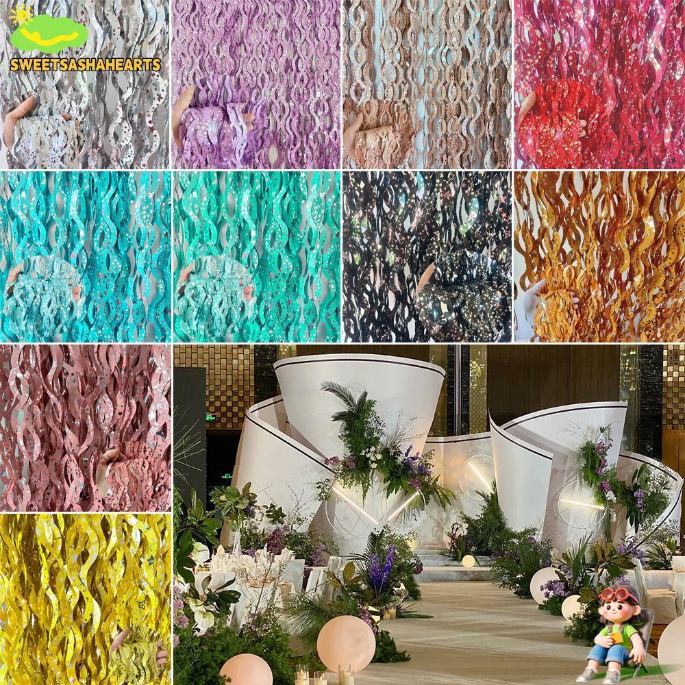 SWEE Tinsel, DIY ม่านฟอยล์หยัก, นํากลับมาใช้ใหม่ 1x2m Glitter Shimmer Pull Flower Birthday