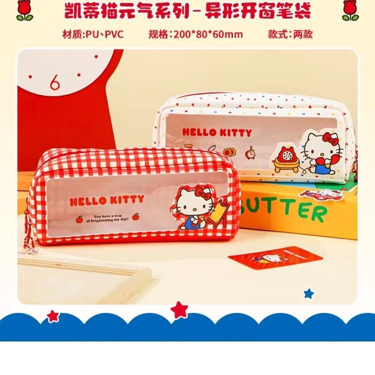 Sanrio ของแท้ Hello Kitty Window Pencil Case Girl Heart Shaped Double Open Storage Bag กระเป๋าเครื่องเขียนนักเรียน