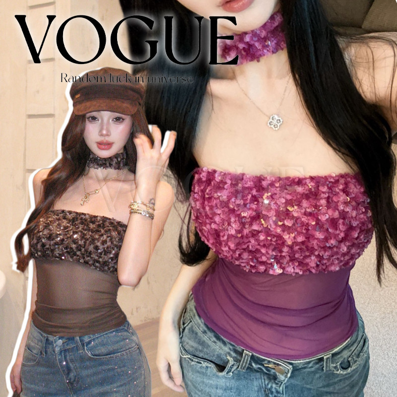 Vogue🌟พร้อมส่ง🌟 เสื้อเกาะอกซีทรู ดีเทลดอกไม้ แถมปลอกคอ เสริมบราในตัว เข้ารูปใส่สบาย (FY6192)