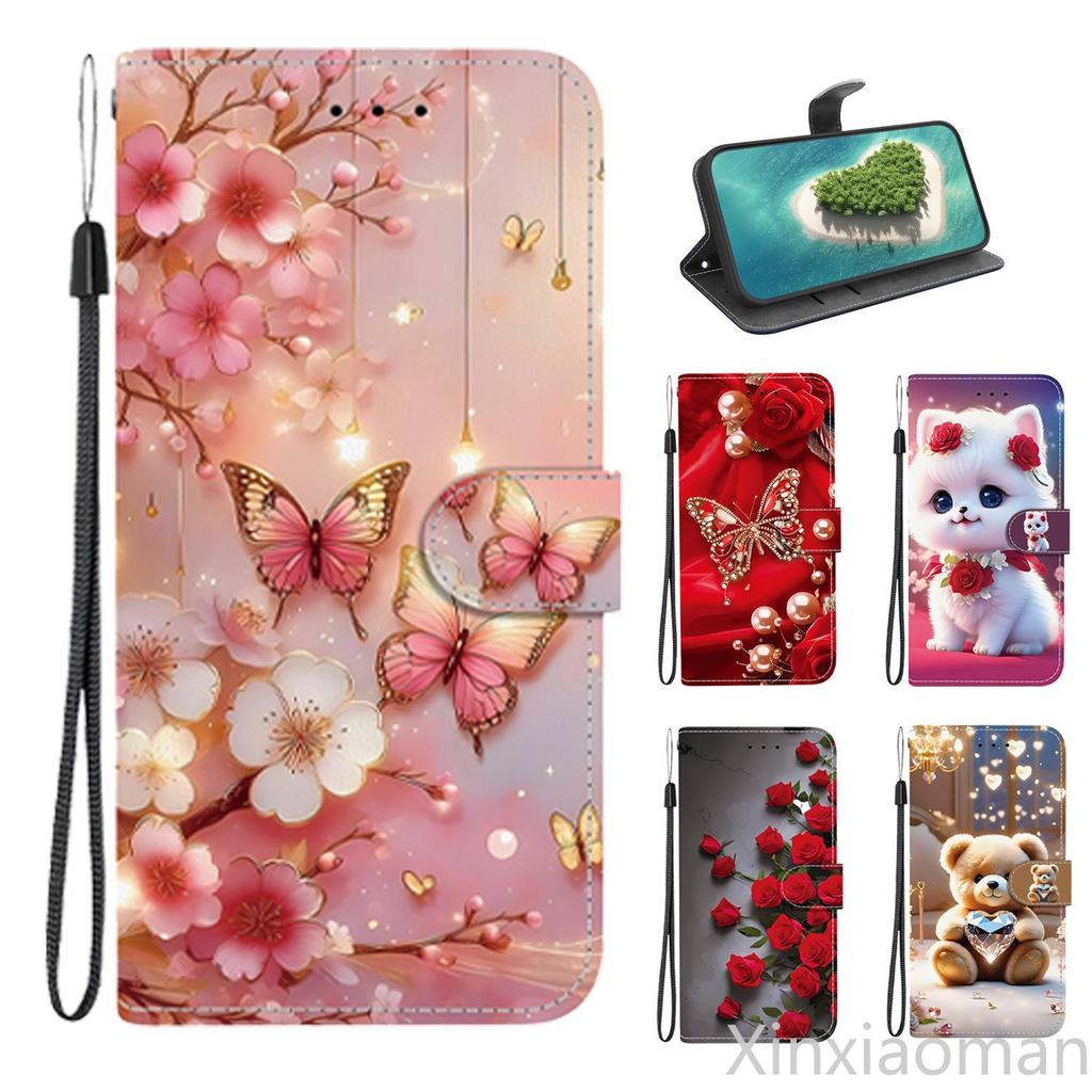 3D น่ารักทาสีหนังขาตั้งกระเป๋าสตางค์สําหรับ Samsung Galaxy S25 Edge S24 S23 S22 S21 FE Plus Ultra 4G 5G เคสโทรศัพท์