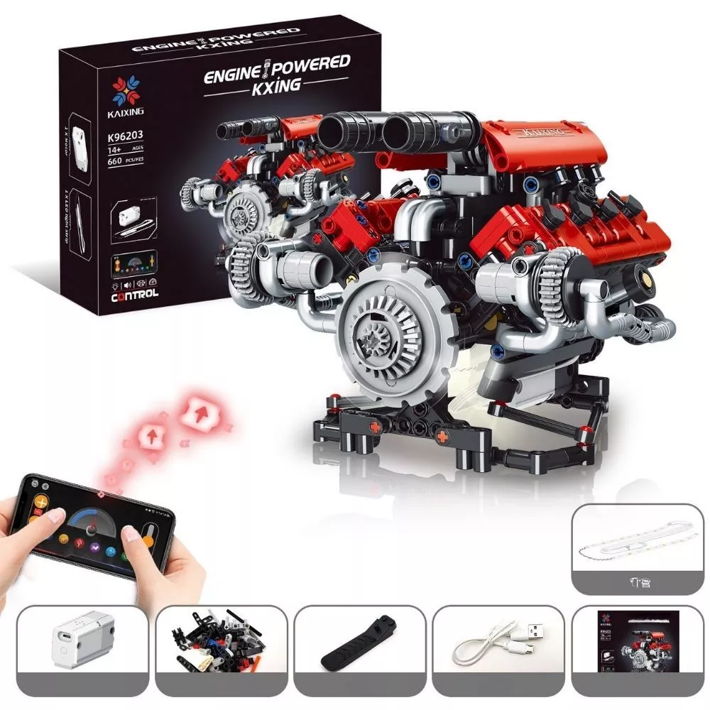 ชุดตัวต่อเครื่องยนต์ V8 Technic 487 ชิ้น พร้อมมอเตอร์ไฟฟ้าและไฟ LED