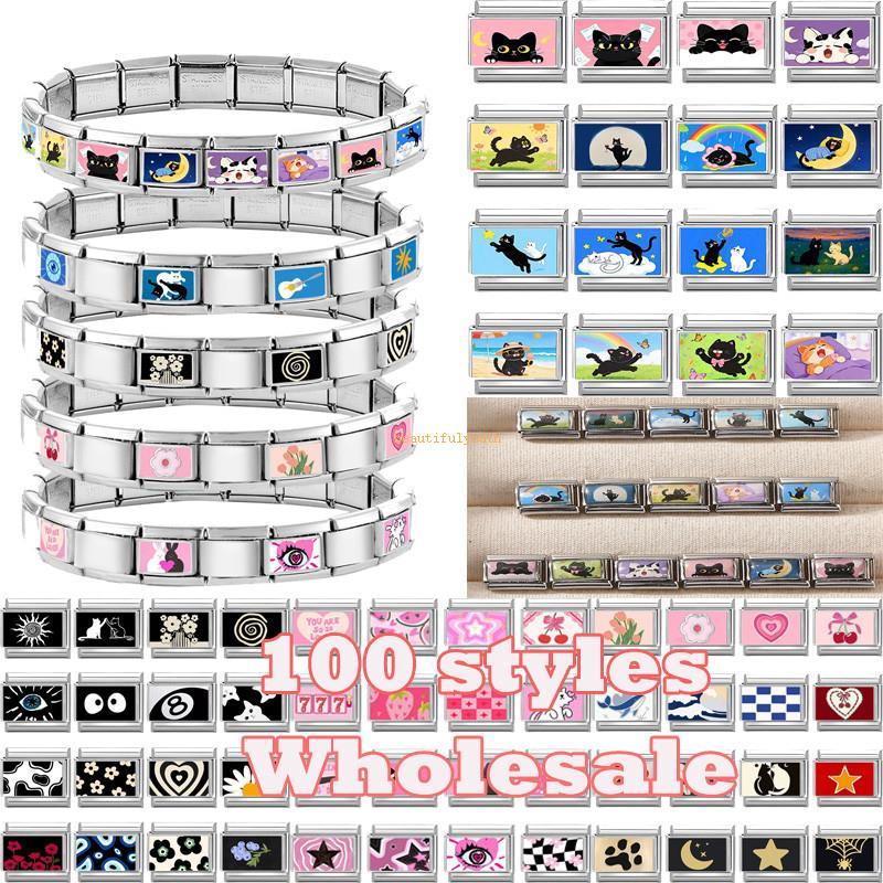 สร้อยข้อมือสไตล์อิตาลี ลายแมวหัวใจและดอกไม้ กับลูกปัดขนาด 9 มิลลิเมตร สร้อยข้อมือสตีล ส่วนบุคคล เครื่องประดับที่สามารถทำเองได้