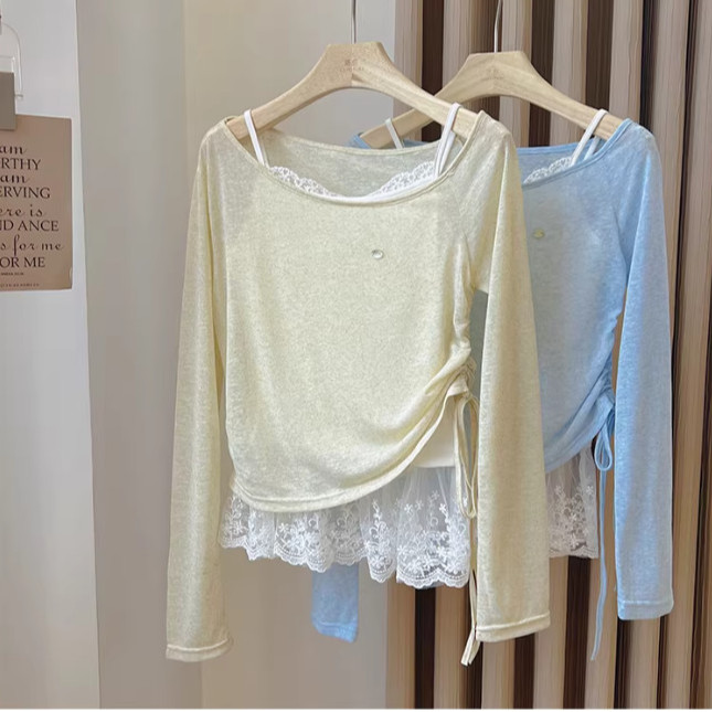 เสื้อยืดแขนยาวเอวแคบไหล่บาง มาพร้อมลูกไม้99571