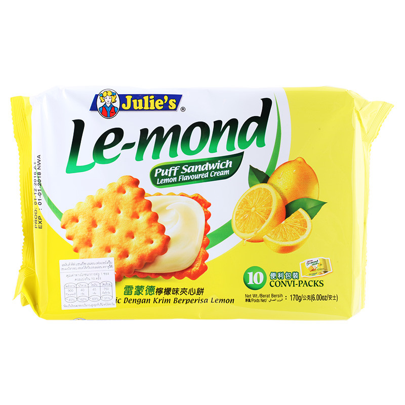 จูลี่ส์แซนด์วิชบิสกิตรสเลม่อน 170กรัม Julies Lemon Sandwich Biscuit 170g. [หมายเลขบาร์โค้ด 955612102
