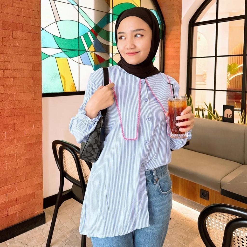 KEMEJA KATUN Luxvera (ภาพจริง) Givana เสื้อท็อปสตรีมุสลิมผ้าฝ้ายลายแฟชั่นสไตล์เกาหลีลําลองทุกวัน