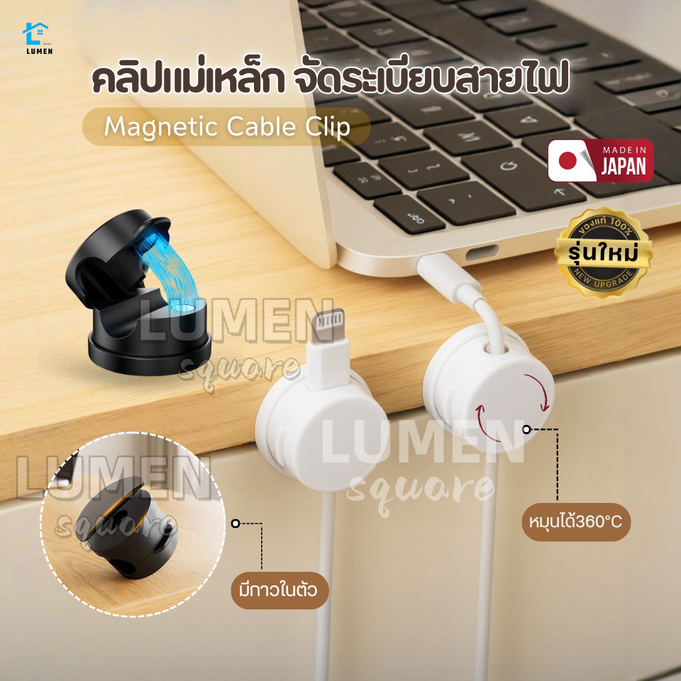 คลิปแม่เหล็กจัดระเบียบสายไฟ หมุนได้360° รุ่นกาวในตัว สายเคเบิล เก็บสายชาร์จ จัดเก็บสายไฟ ที่ยึดปลั๊ก หูฟัง อุปกรณ์เสริม