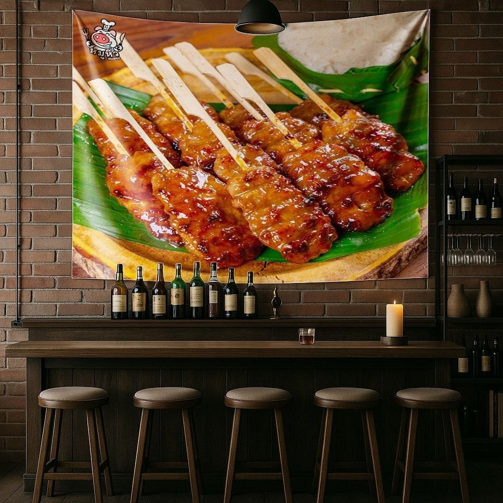 ผ้าตกแต่งร้านอาหารผ้าแขวนผนังโฆษณาผ้าติดผนังหมูบาร์บีคิวเกี๊ยวบาร์บีคิวร้านอาหารผ้าตกแต่งร้าน