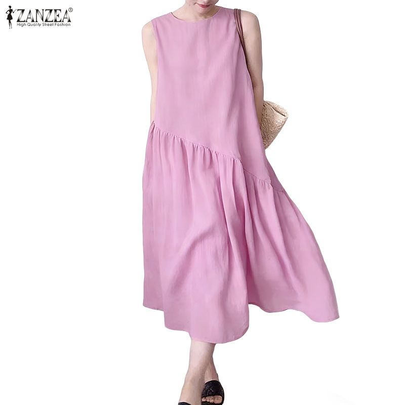 ZANZEA ผู้หญิงวันหยุดเกาหลี Casual Simple Crew คอแขนกุด Pleats Splicing หลวม A-Line Dresses