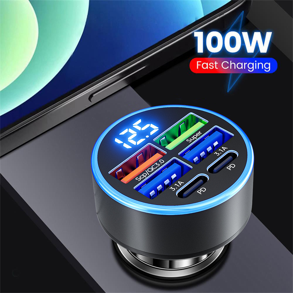 Twitch 6 พอร์ตจอแสดงผลดิจิตอลอะแดปเตอร์ชาร์จในรถยนต์ QC3.0 Fast CHARGING 4USB + 2PD Type C พอร์ตชาร์จซ็อกเก็ตในรถยนต์