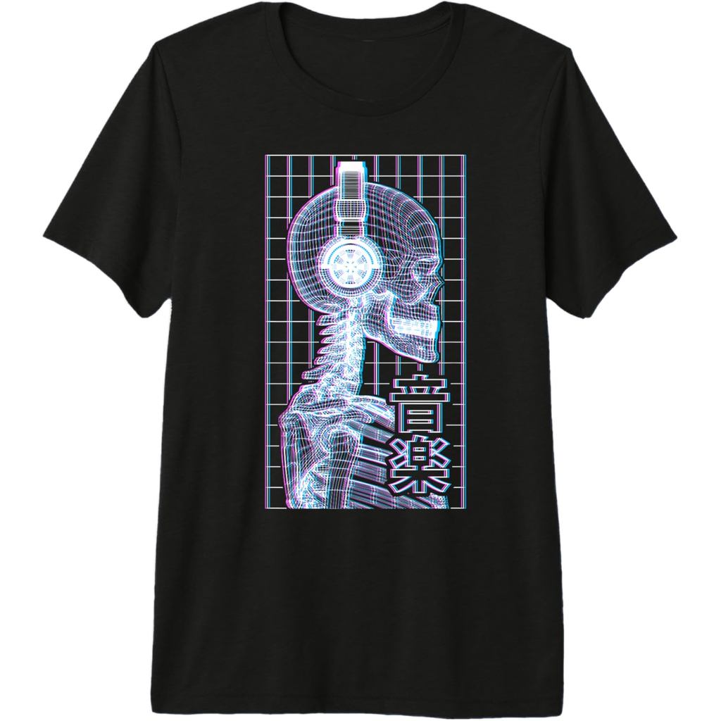 เสื้อยืดพรีเมียม EDM Rave Music Ongaku DJ Glitch Japan Kanji Skull Headphones