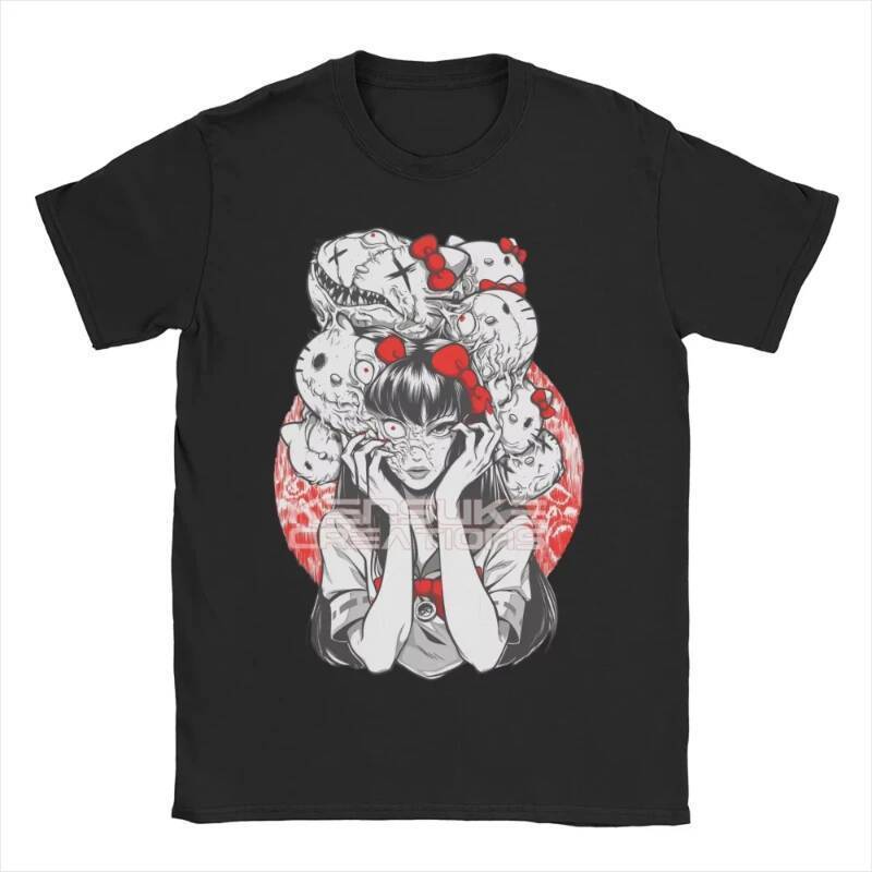 การจัดส่งภายใน 24 ชั่วโมง เสื้อยืดผ้าฝ้าย_unisex_ออกแบบกราฟิก_Junji-Ito_Tomie_X_Hello_Kitty_Y2k