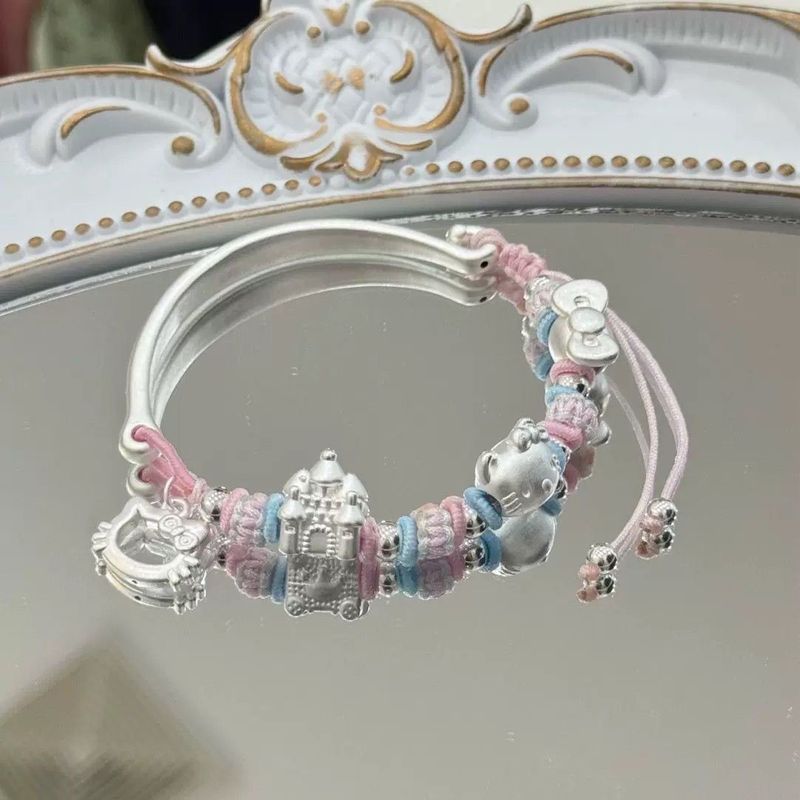 Tt26.3.11 Sanrio Half Bracelet Bracelet เงินแท้ 999 Castle Hello Kitty Cinnamon Dog Bow Magic Key We
