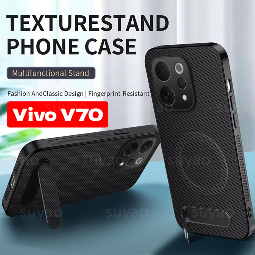 สําหรับVivo V70 Lite FE 5G 2026 เคสโทรศัพท์คาร์บอนไฟเบอร์ขาตั้งผู้ถือปลอกVivoV70 Lite VivoV70FE V70FE VivoV70Liteแม่เหล็กหนังกันกระแทกป้องกันปกหลัง