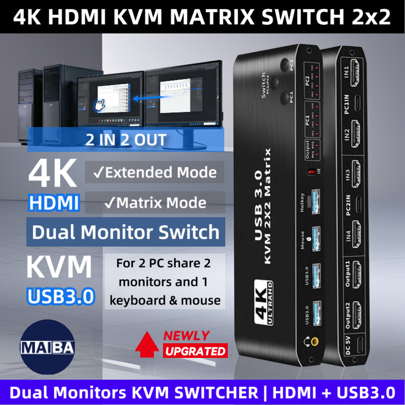 จอแสดงผลคู่ 4K ใหม่ HDMI KVM Matrix Switch 2 in 2 out HDMI KVM Switcher 2x2 Mixed Extended Display สําหรับ Dual PC Dual Monitor