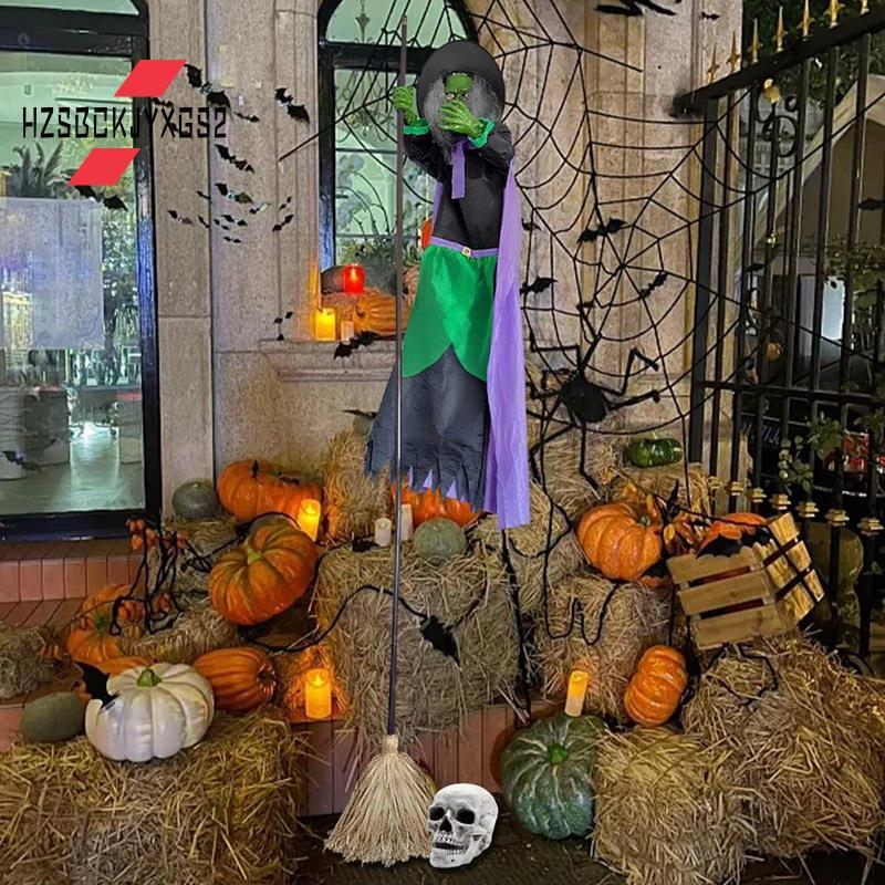 Hzsbckjyxgs2 คอสเพลย์ฮาโลวีน Spooky ตกแต่งบ้าน Animated แม่มดไม้กวาด 9.84Ft เสียงเปิดใช้งานไม้กวาด A