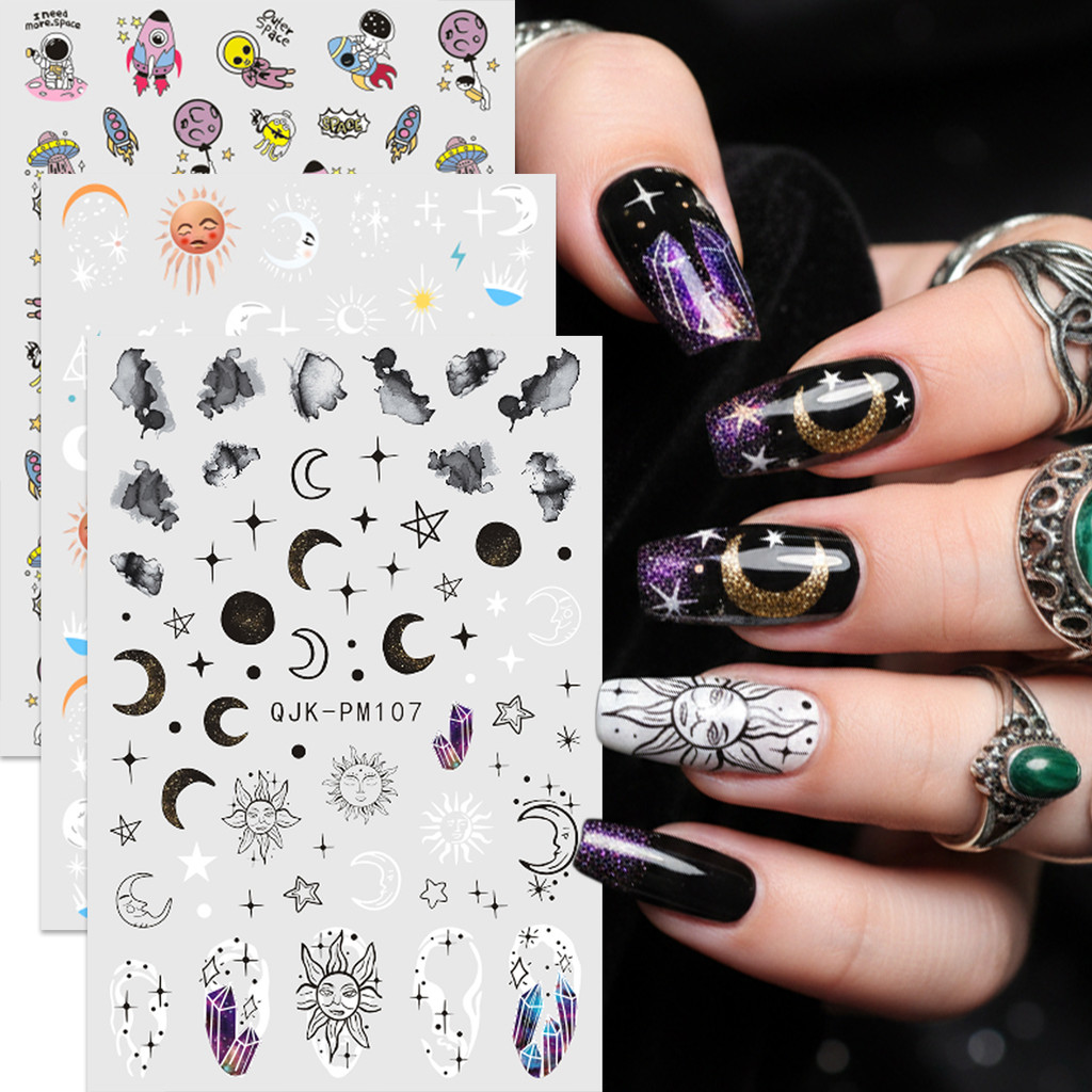 HAMA Galaxy Star Moon สติ๊กเกอร์ติดเล็บนักบินอวกาศ Starry Sky Dark สไตล์ Niche Nail Decals Nail Art Decor