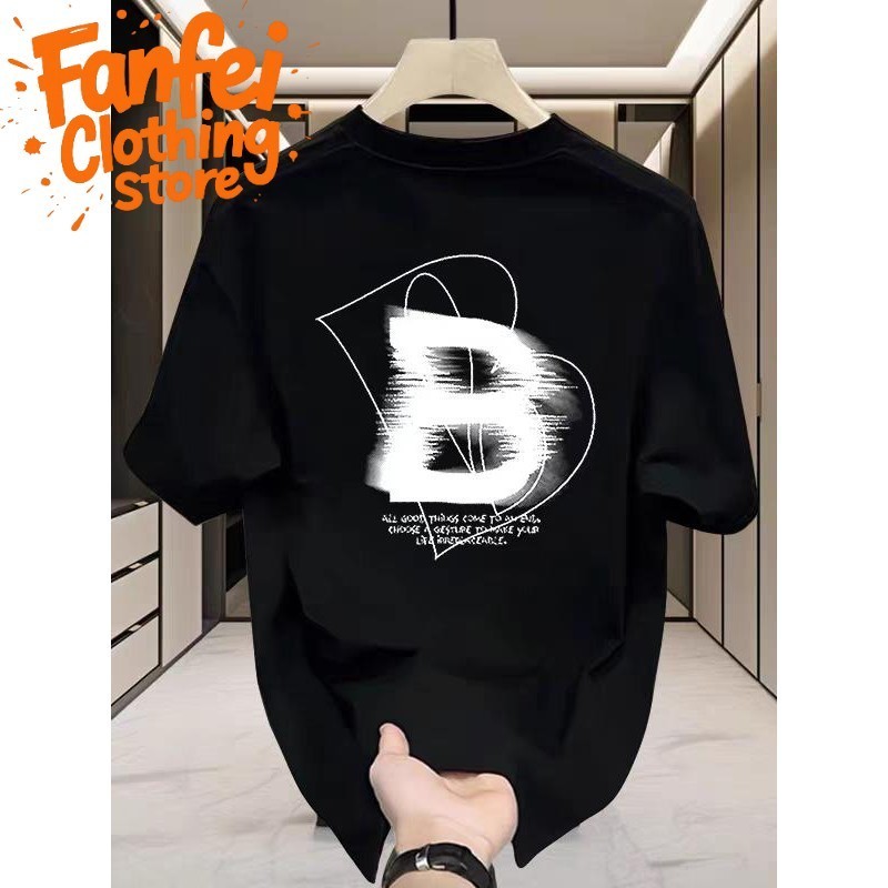 จัดส่งตลอด 24 ชั่วโมง Fanfei เสื้อยืดพิมพ์ลายตัวอักษร "B" ด้านหลัง แขนสั้น ดีไซน์หลวม