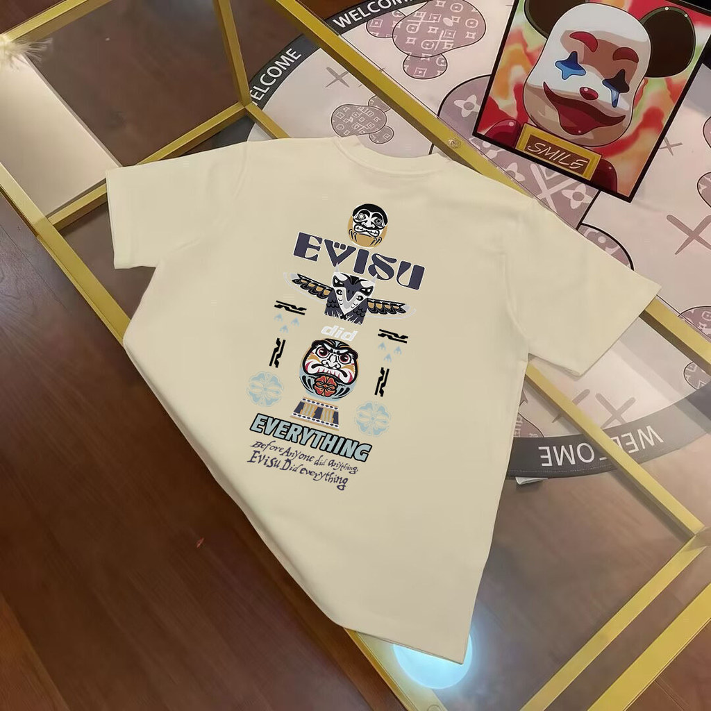 Evisu/Fushen/6XL/2026 สไตล์ใหม่ 6XL คลาสสิกรอบคอแขนสั้นเสื้อยืดผู้ชายผู้หญิงขนาดใหญ่เสื้อสวมหัวกีฬาส