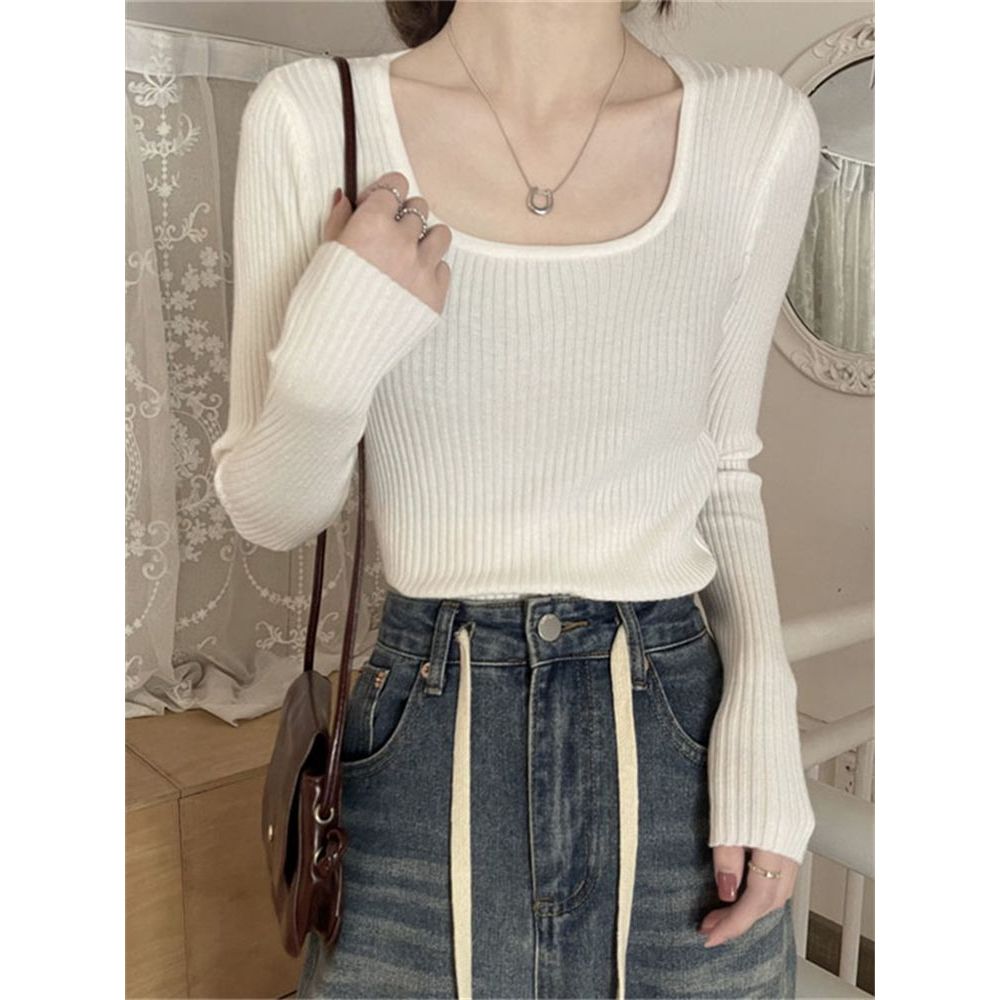 สลิมฟิต codu ท็อปหลุมเสื้อด้านในแฟชั่นเกาหลีลายคอปกเสื้อถัก Bottoming สไตล์ใหม่ผู้หญิงบางรุ่นแขนยาวฤ