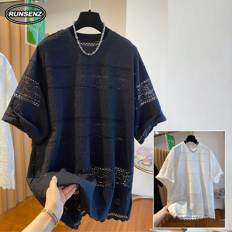 เสื้อลูกไม้แขนสั้น แบบโอเวอร์ไซซ์ เปิดงานละเอียด สำหรับคนอ้วน M-4XL