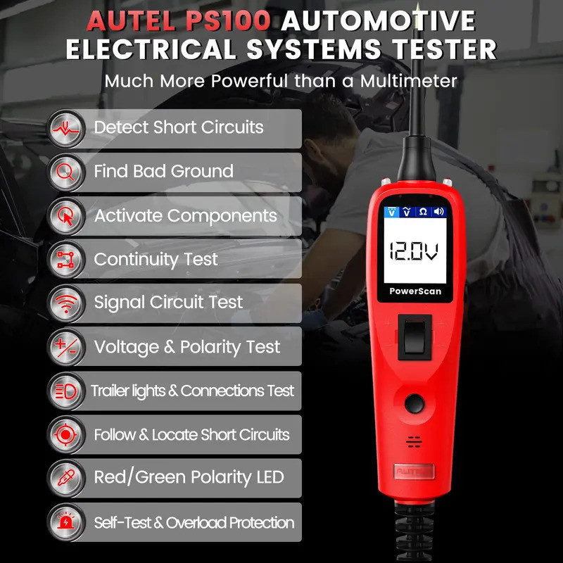 Autel PS100 Power Circuit Probe Tester ยานยนต์ 12V 24V ระบบไฟฟ้าเครื่องมือสแกนพลังงานวินิจฉัยอ่านโวล