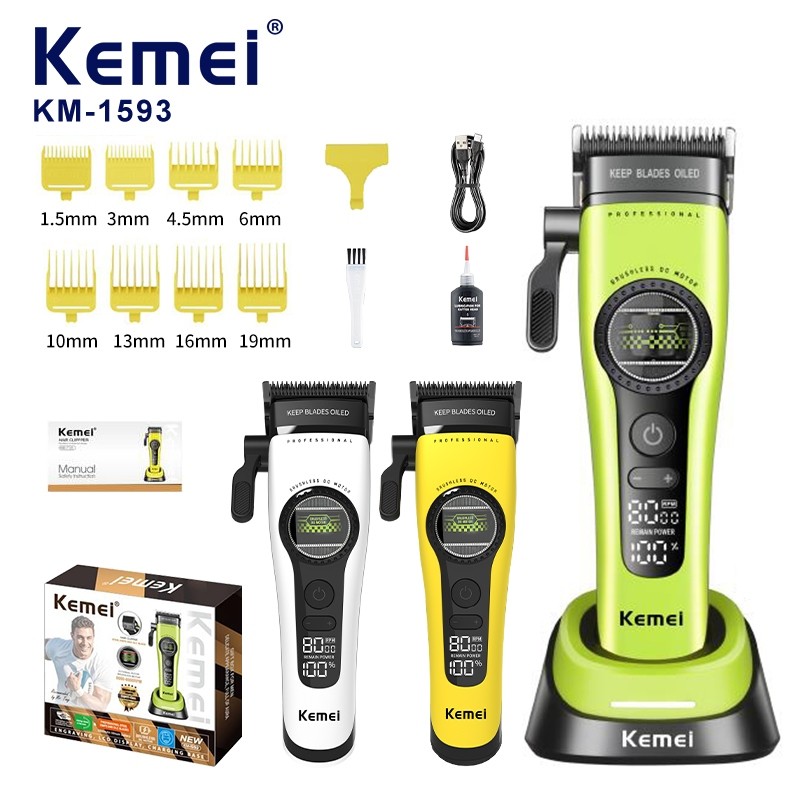 Kemei 1593 Professional ตัดผมผม Clipper ผมแบบชาร์จไฟได้เครื่องตัดผมไฟฟ้าโรเตอร์ภายนอกมอเตอร์ไร้แปรง